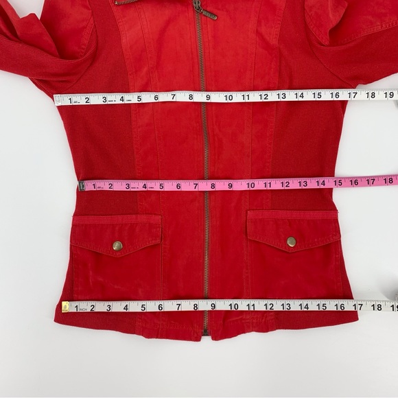 Orly Red Nylon with Ribbed Sides 3/4 Ruched Sleeves Zipper Front Jacket, 10 - Picture 14 of 16